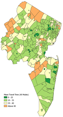 Map of NJTPA region showing mean travel time for all modes, ranging from 0 to above 40 minutes