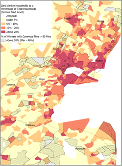 Map of the northeastern portion of the NJTPA region, showing census tracts with zero vehicle households as a percentage of total households, ranging from 0%25 to above 20%25. Overlaid are census tracts where more than 30%25 of the workers have a commute time of greater than 60 minutes.