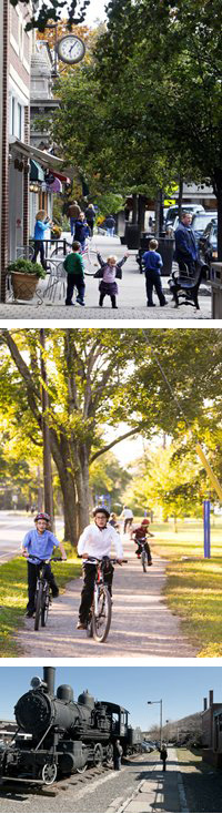 three pictures, children walking on sidewalk, cycling on trail, and train