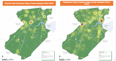 Bicycle and pedestrian crash hot spots in Middlesex County, 2010-2019
