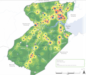 Fatal crash hot spots in Middlesex County, 2010-2019