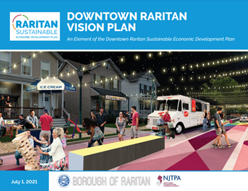 Cover of the Downtown Raritan Vision Plan showing people playing a game, walking and stopping at an ice cream truck.