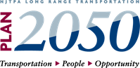 NJTPA Long Range Transportation Plan logo. Plan 2050: Transportation, People, Opportunity