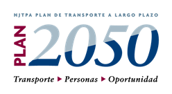 Spanish version of the Plan 2050 logo. NJTPA plan de transporte a largo plazo 2050: Transporte, Personas, Oportunidad