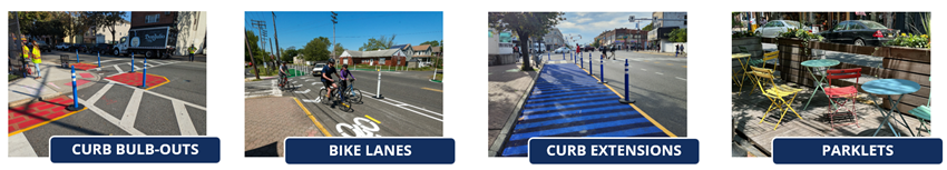 images of curb bulb-outs, bike lanes, curb extensions and parklets