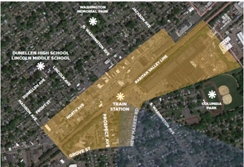 A map showing the study area around the Dunellen train station