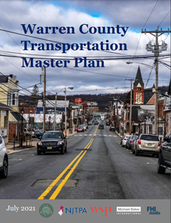 Cover of the Warren County Transportation Plan. Cars are showing driving down a main road in a downtown.