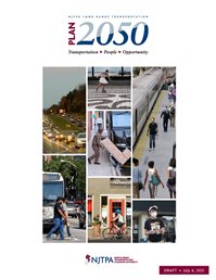 Cover of Plan 2050 showing cars on a highway, people at a train station, a cyclist and a delivery man