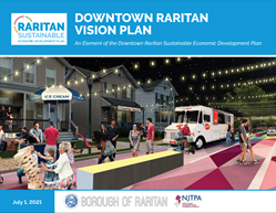 Cover of the Downtown Raritan Vision Plan showing an illustration with people playing games on a street that has been closed to traffic.