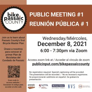 Bike Passaic County Public Meeting graphic. The meeting is December 8 from 6 to 3:30 p.m. Visit publicinput.com/bikepassaiccounty to participate.