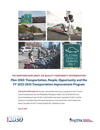 The cover of the Air Quality Conformity Determination report. Images include a car driving on a highway, a train, bikeshare bikes and an electric vehicle parking sign.