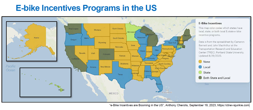 Colorized map of e-bike incentive programs in the U.S.