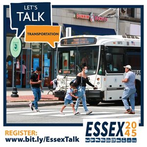 Let's Talk Transportation graphic or Essex 2045 study showing people in a crosswalk with a bus in the background.