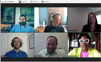 Six panelists appear during a virtual public event discussion.